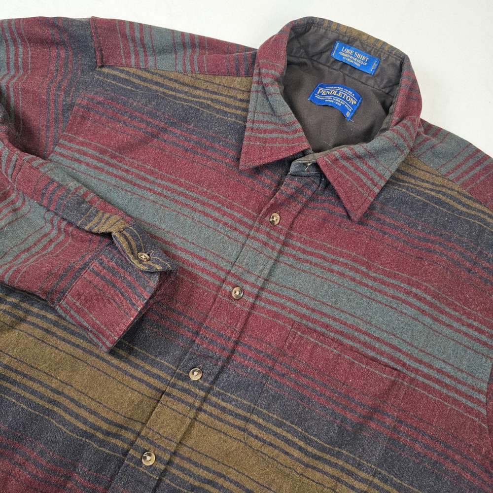 Pendleton Lodge Shirt XL Virgin Wool Striped Flannel Burgundy Grey Olive Mens